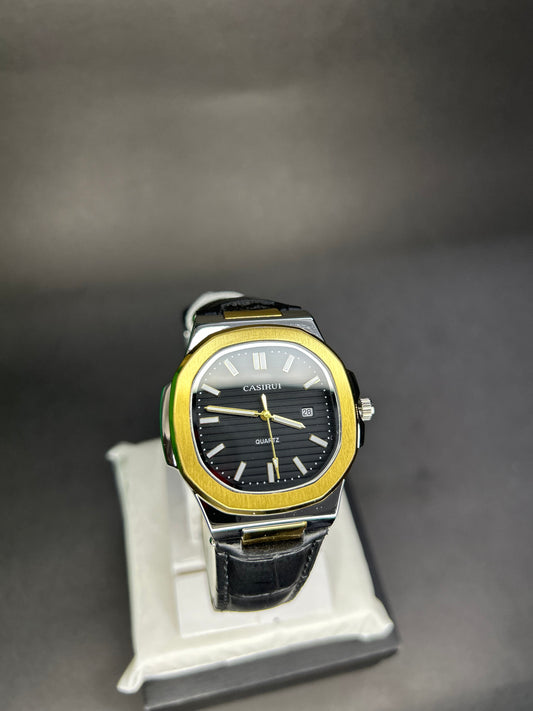 Quartz Casirui with black dial and textured straps with date