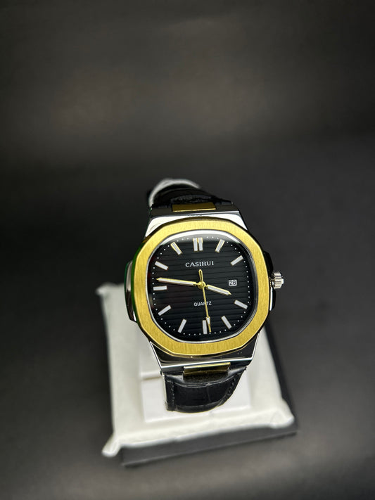Quartz Casirui with black dial and textured straps with date