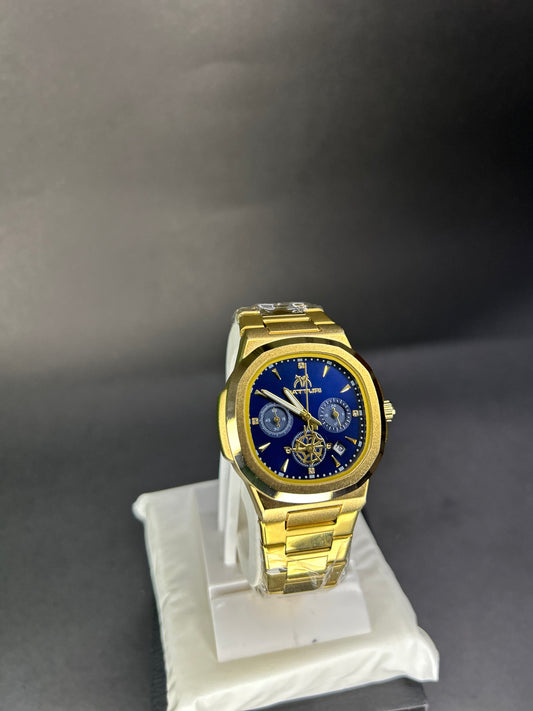 Matturi stainless steel gold premium watch with blue dial