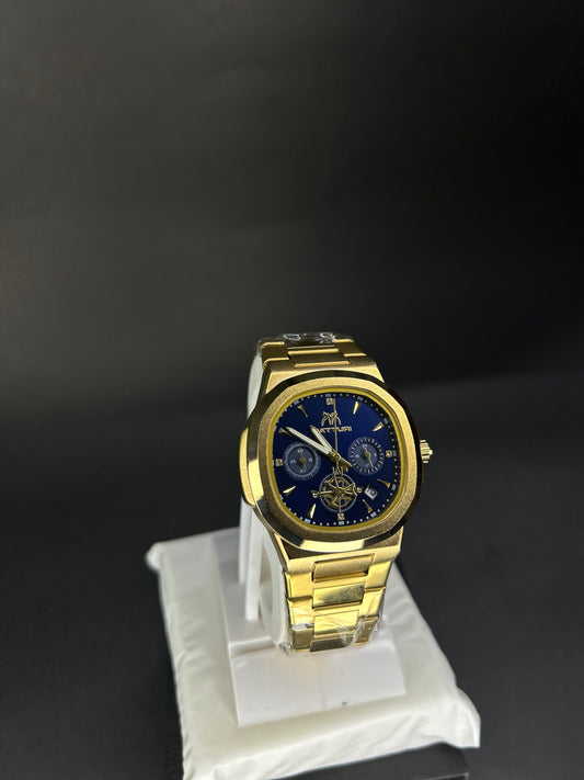 Matturi stainless steel gold premium watch with blue dial