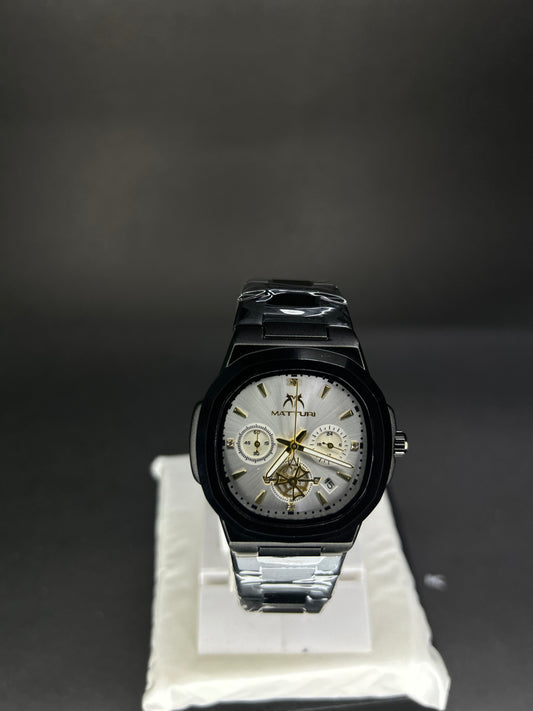 Matturi stainless steel black premium watch with white dial